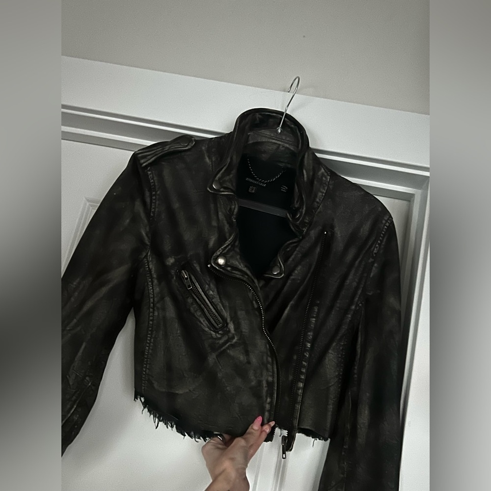 Free People Muubaa Distressed Black Luxury Leather Jacket Cropped Asymmetrical